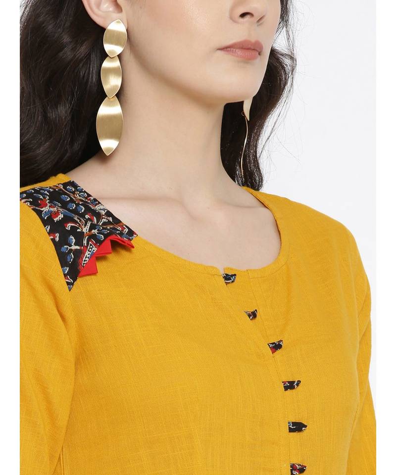 mustard plain cotton stitched kurti