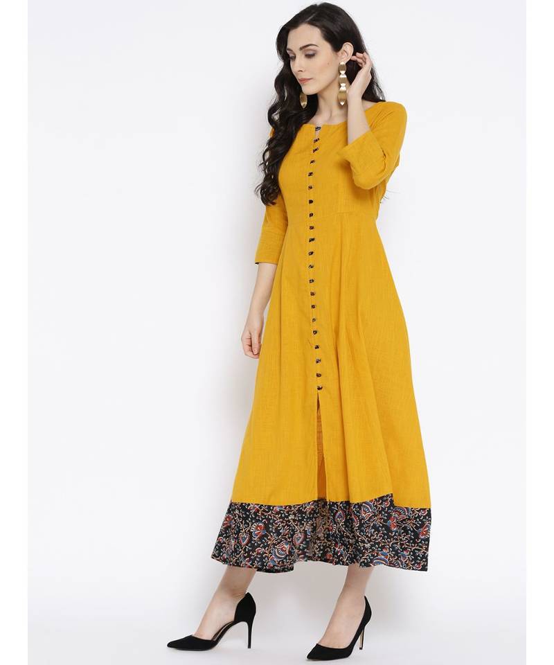 mustard plain cotton stitched kurti