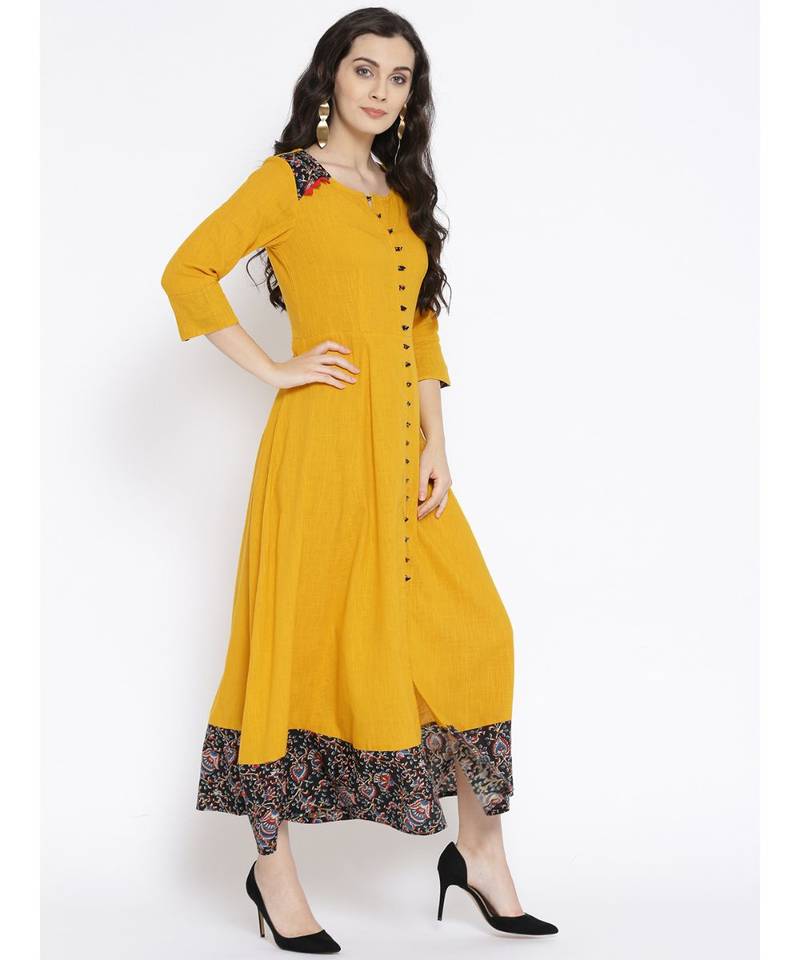 mustard plain cotton stitched kurti