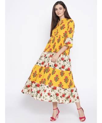 yellow printed cotton stitched kurti 1