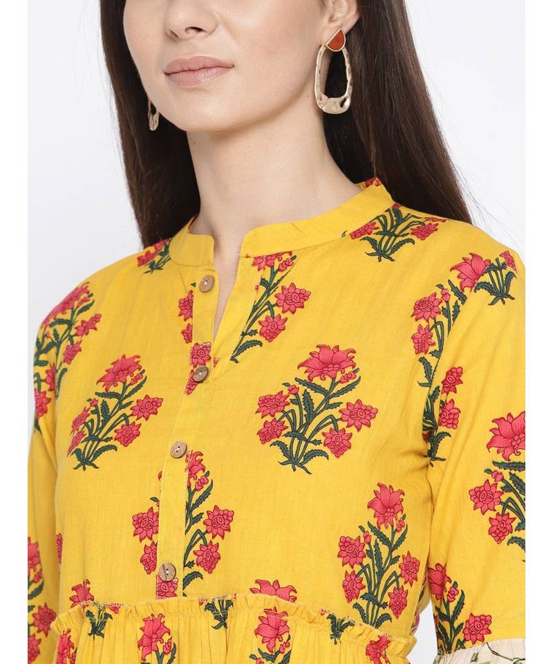yellow printed cotton stitched kurti