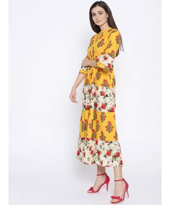 yellow printed cotton stitched kurti 3