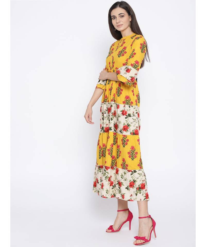 yellow printed cotton stitched kurti