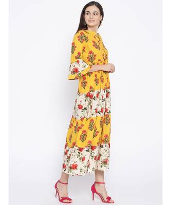 yellow printed cotton stitched kurti 4