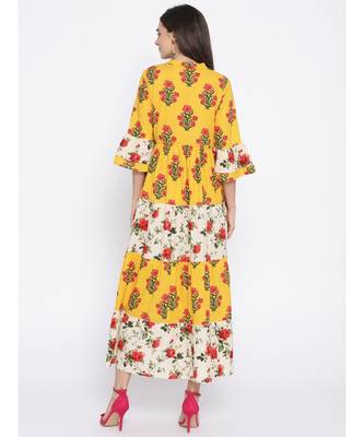 yellow printed cotton stitched kurti 5