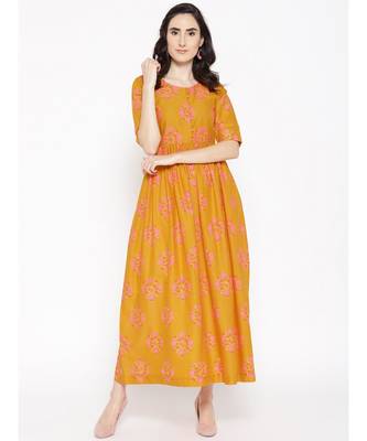 mustard printed cotton stitched kurti 1
