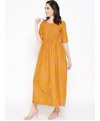 mustard printed cotton stitched kurti 2
