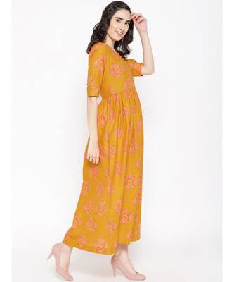 mustard printed cotton stitched kurti 3