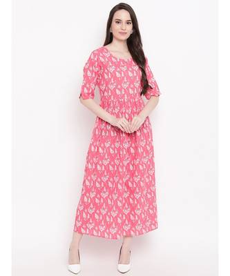 pink printed cotton stitched kurti 1