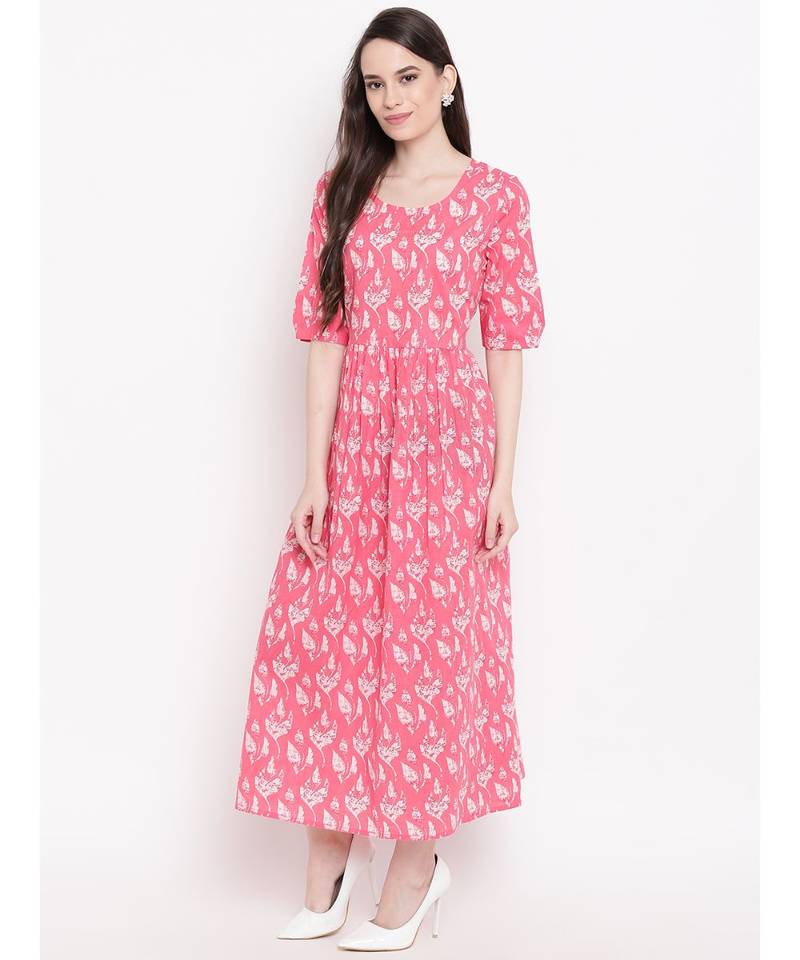 pink printed cotton stitched kurti