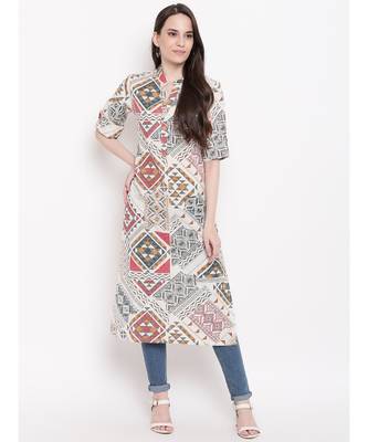 cream printed cotton stitched kurti 1