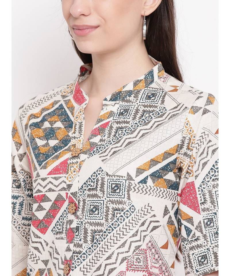 cream printed cotton stitched kurti