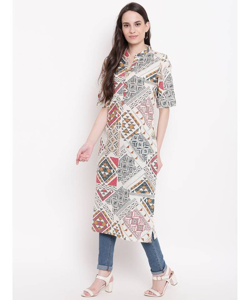 cream printed cotton stitched kurti
