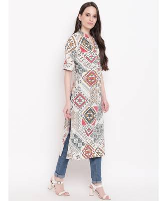 cream printed cotton stitched kurti 4