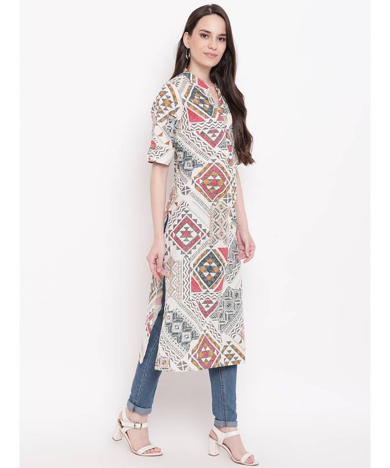 cream printed cotton stitched kurti