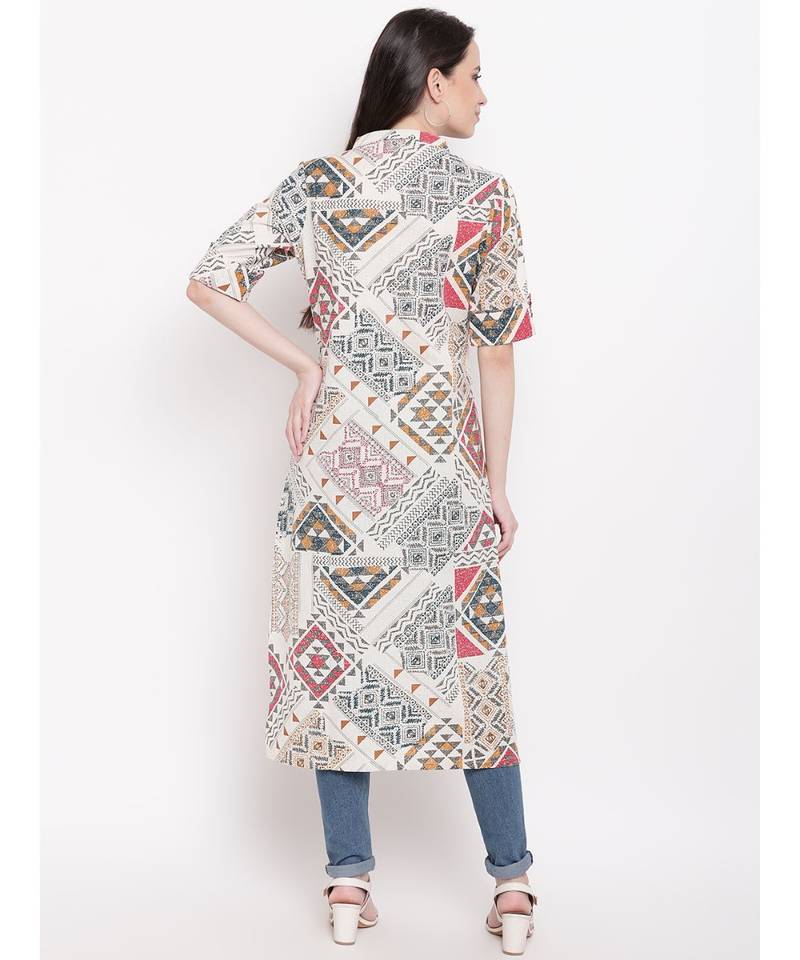 cream printed cotton stitched kurti