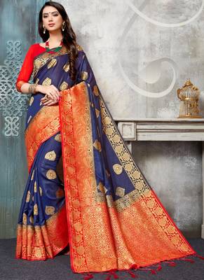 blue woven art silk saree with blouse 1