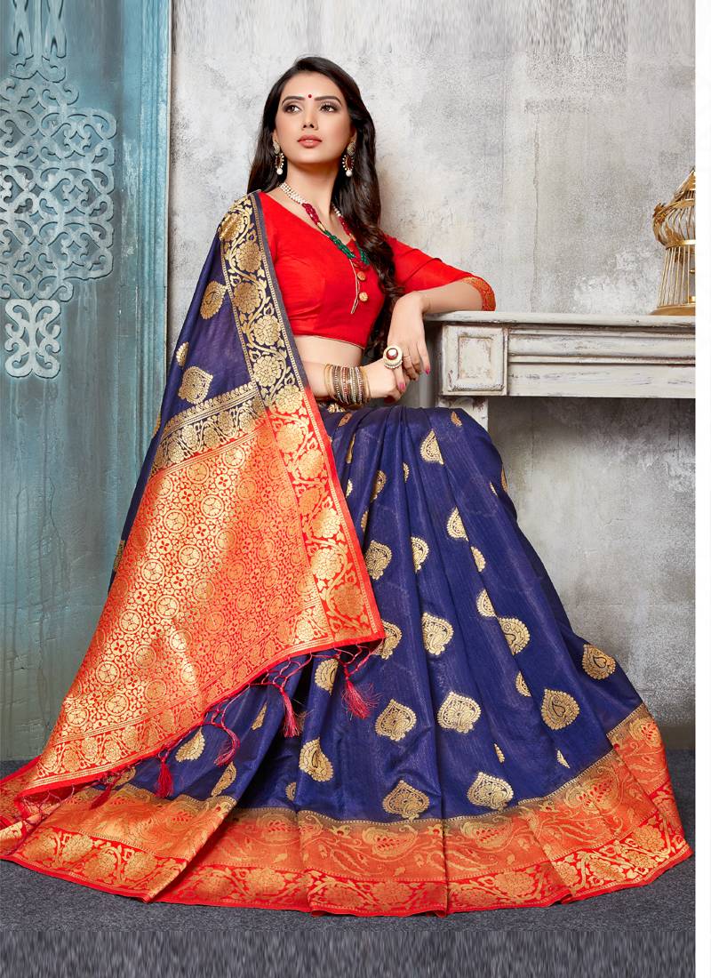 blue woven art silk saree with blouse