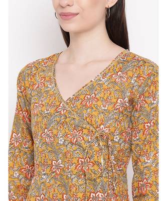 mustard printed cotton stitched kurti 2