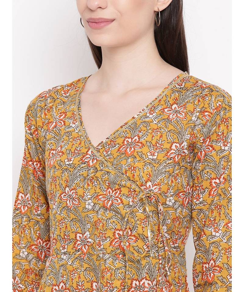 mustard printed cotton stitched kurti