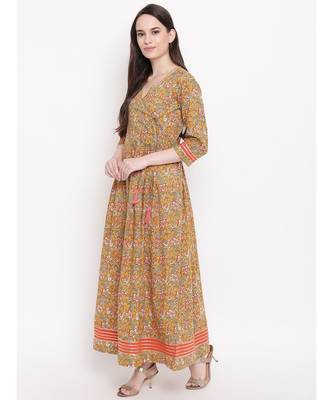 mustard printed cotton stitched kurti 3