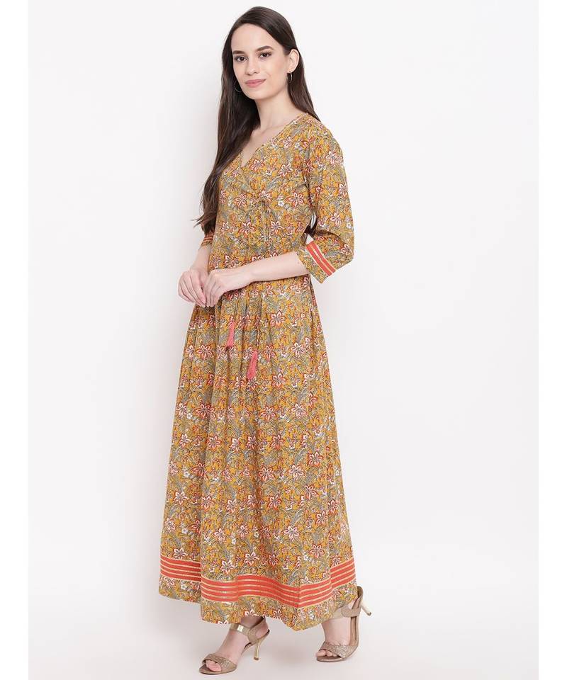 mustard printed cotton stitched kurti