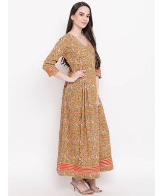 mustard printed cotton stitched kurti 4