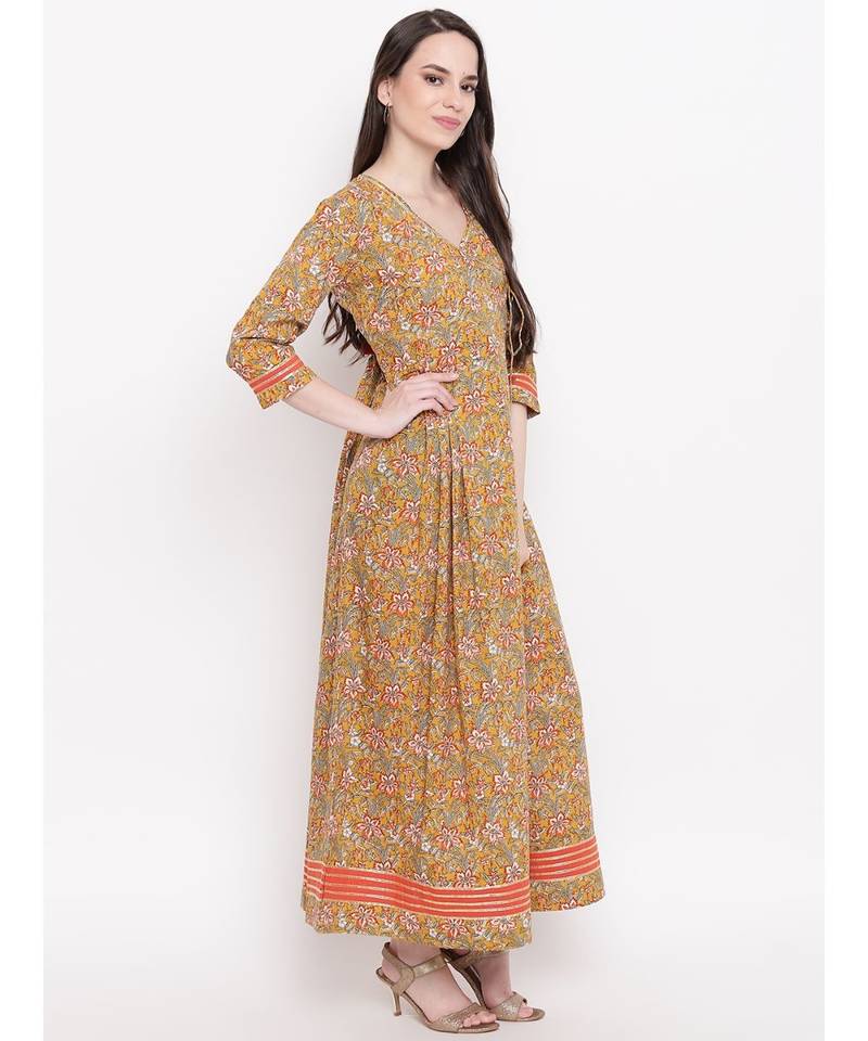 mustard printed cotton stitched kurti