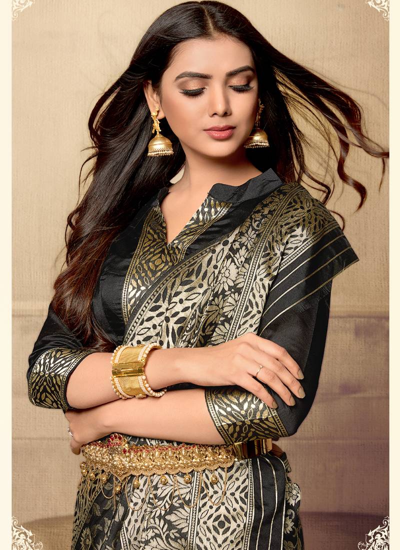 black woven art silk saree with blouse