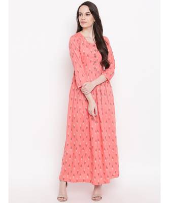 peach printed cotton stitched kurti 1