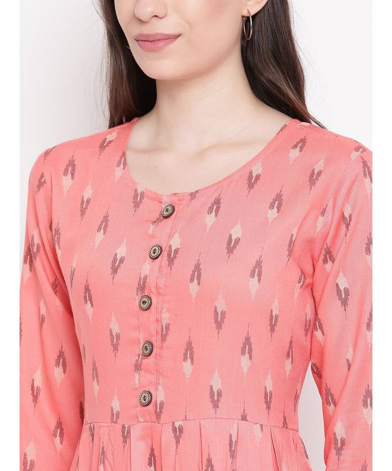 peach printed cotton stitched kurti