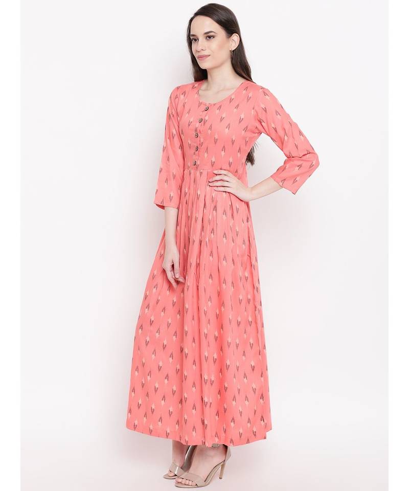peach printed cotton stitched kurti