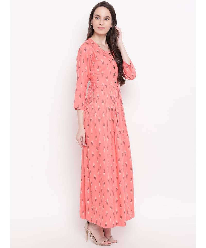 peach printed cotton stitched kurti