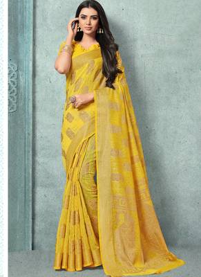 yellow woven linen saree with blouse 1