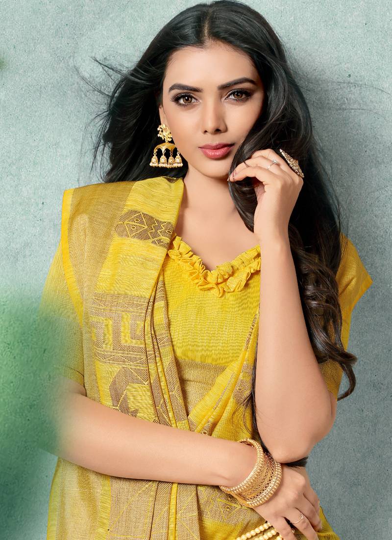 yellow woven linen saree with blouse