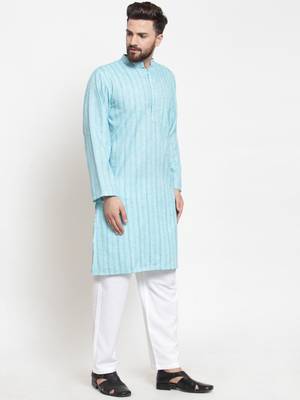 Sky Blue Plain Blended Cotton Kurta Pajama 1