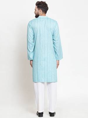 Sky Blue Plain Blended Cotton Kurta Pajama 3