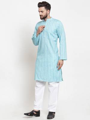 Sky Blue Plain Blended Cotton Kurta Pajama 4