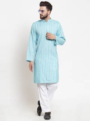 Sky Blue Plain Blended Cotton Kurta Pajama 5