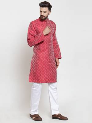 Red Plain Jacquard Kurta Pajama 1