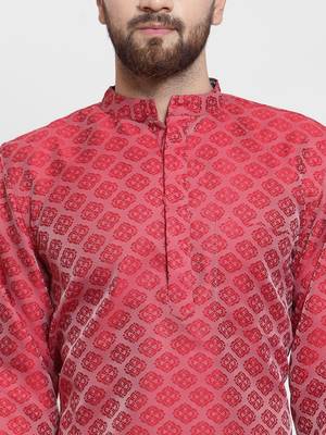 Red Plain Jacquard Kurta Pajama 2