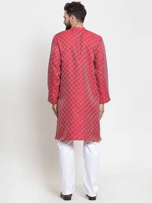 Red Plain Jacquard Kurta Pajama 3