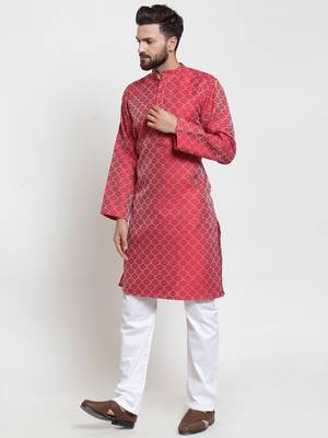 Red Plain Jacquard Kurta Pajama 4