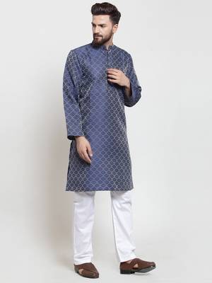 Blue Plain Jacquard Kurta Pajama 1