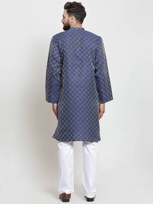 Blue Plain Jacquard Kurta Pajama 3