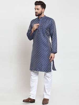 Blue Plain Jacquard Kurta Pajama 4