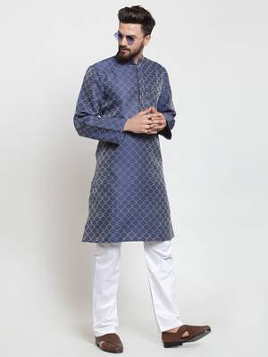 Blue Plain Jacquard Kurta Pajama 5