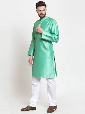 Green Plain Jacquard Kurta Pajama 4