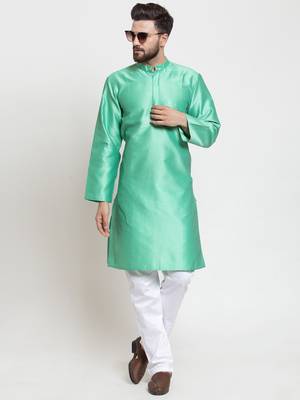 Green Plain Jacquard Kurta Pajama 5