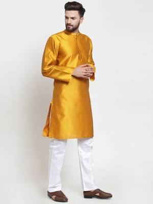Yellow Plain Jacquard Kurta Pajama 1
